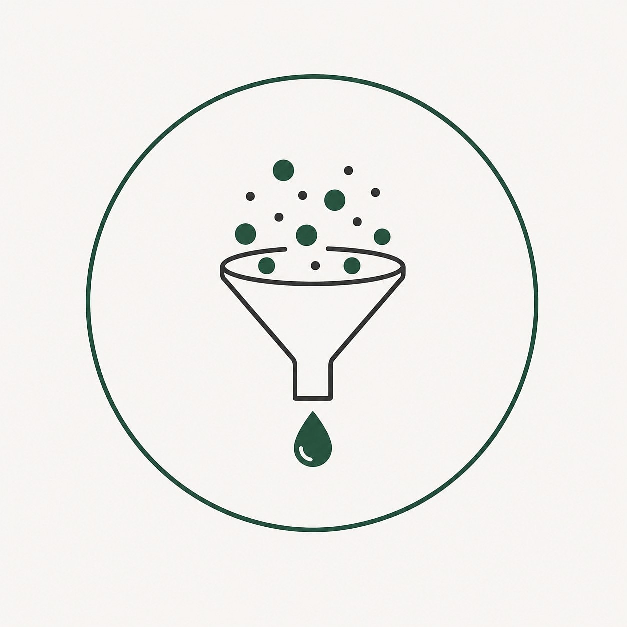 Funnel with particles and liquid drop illustration.