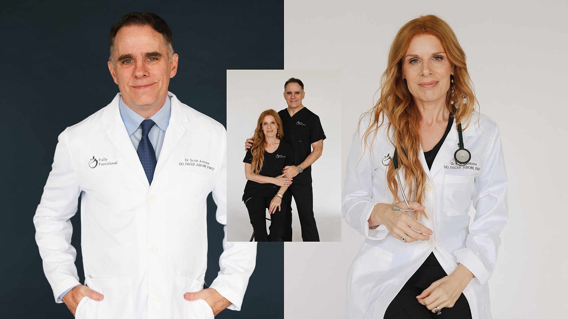Doctors in lab coats, professional portraits displayed.