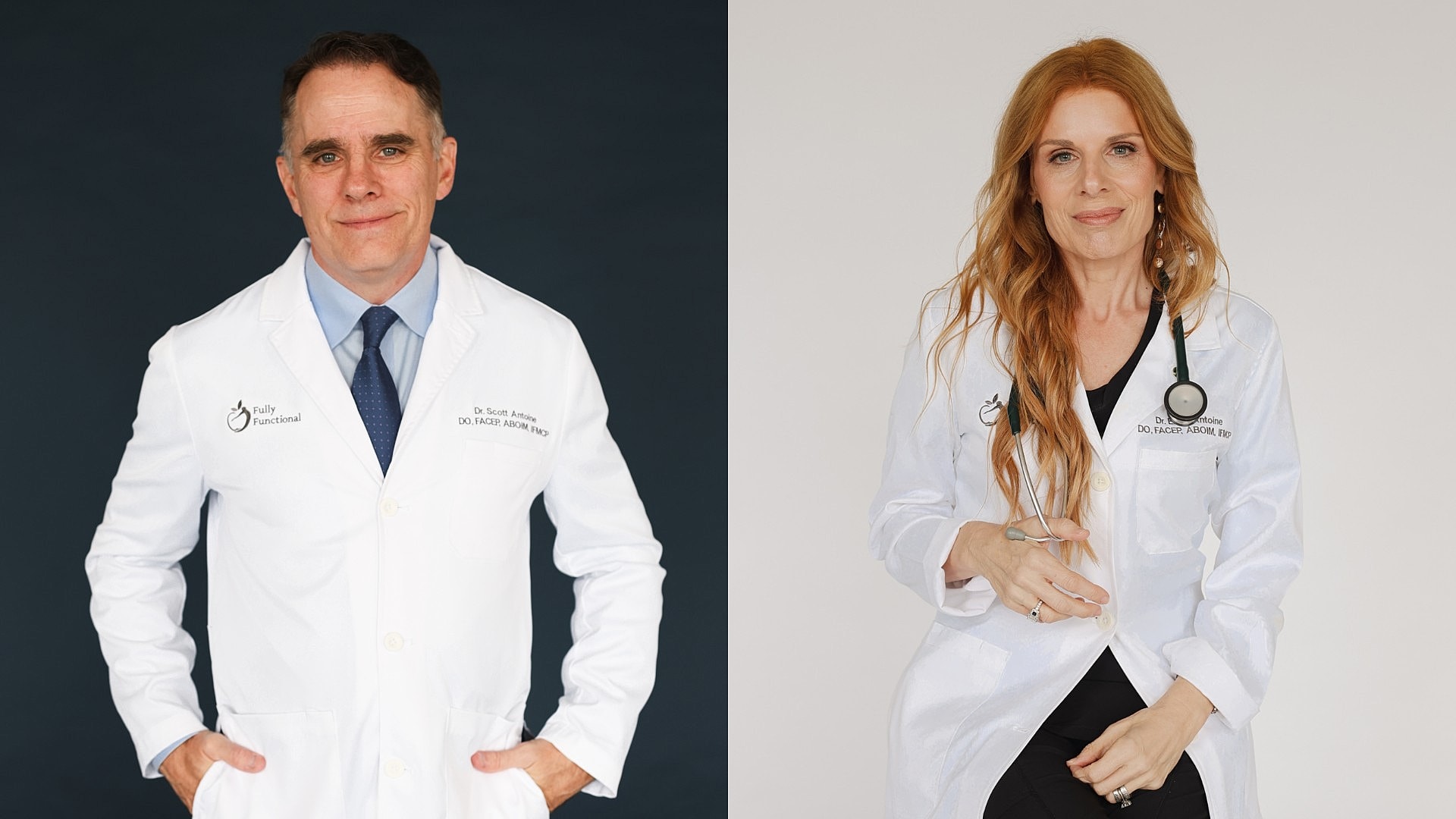 Two doctors in white lab coats smiling.